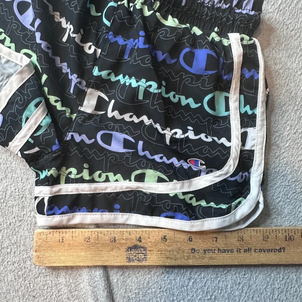 Champion‎ Shorts Girls 7/8 Black Script Logo Print Dolphin Athletic Activewear